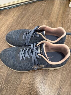 Skechers Blue Knit Lace-Up Sneakers with Pink Trim